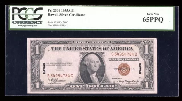 DBR 1935-A $1 Silver Hawaii Gem SC Block Fr. 2300 PCGS 65 PPQ Serial S54954784C