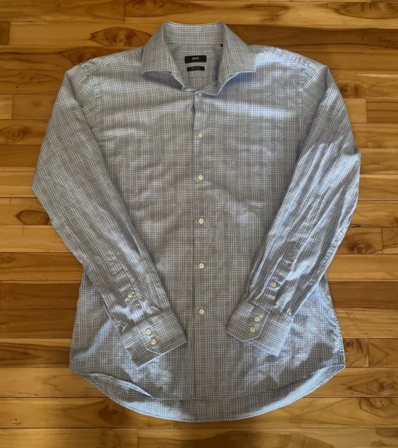Hugo Boss Mens Dress Shirt 43/17 XL Blue Regular Fit Button Up