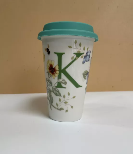 Lenox Butterfly Meadow Travel Coffee Mug Cup Tumbler W Silicone Lid Monogram K