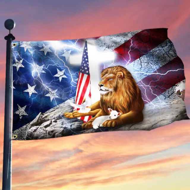 Lion Judah Cross Faith Christian Jesus Lamb Of God American Us Grommet 3x5 Flag