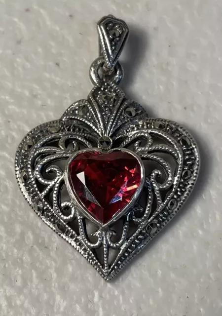 Art Nouveau Sterling Silver Marcasite & Garnet Heart Pendant Beautiful