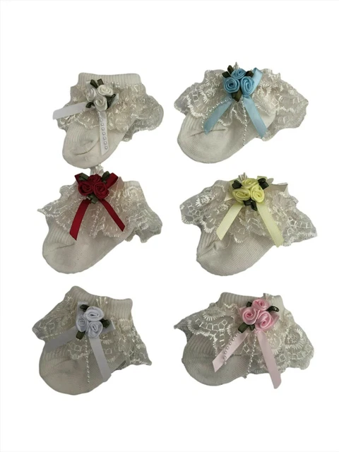 BNWT Piccolo Prematuro Premium Baby Ragazza Bianco Avorio Frilly Rosebud Calzini 2