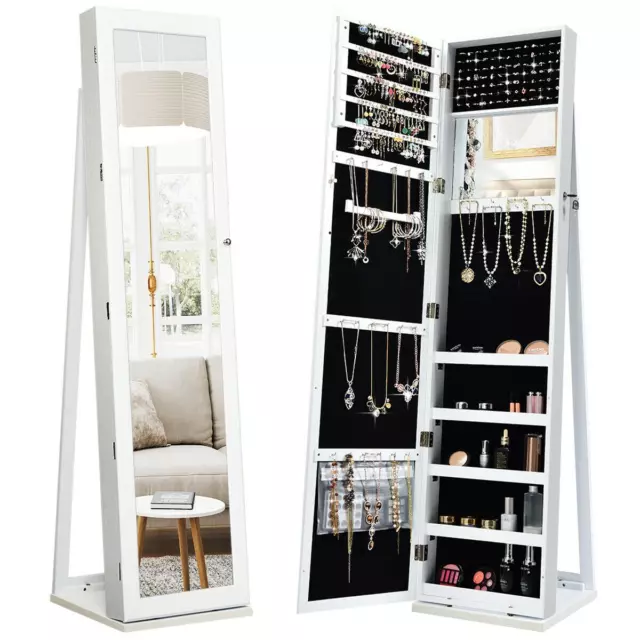 Mirrored Jewelry Cabinet Armoire Lockable Standing Storage Organizer W/ Shelf