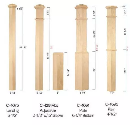 Red Oak Box Newel Posts Stair Parts 3 1/2", 4 1/2", 5", and 6 1/4" Large Newels