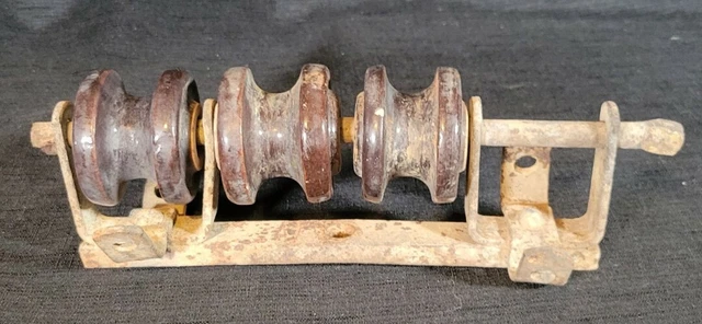 Vintage Brown Ceramic Porcelain Electric Pole Triple Insulator w/ Bracket ~ 9.5"