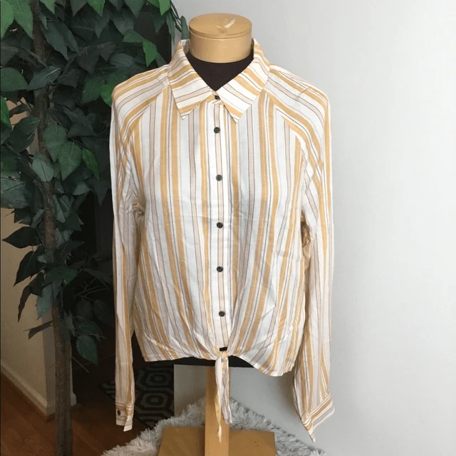 Love,fire button down Woman’s Large knotted front long sleeve gold white maroon