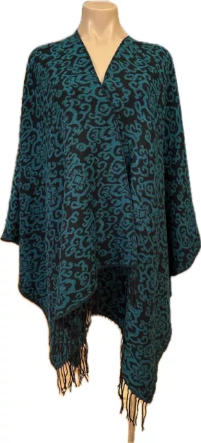Women’s Wrap Poncho Sweater  Open Front Fringe Tassel Shawl Black Green One Size