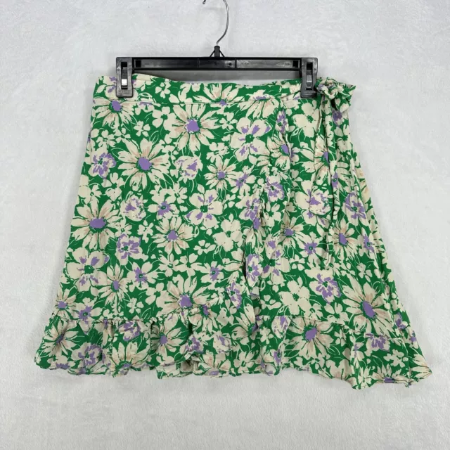 Topshop Skirt Womens 10 Green Floral Mini Ruffle Wrap Side Tie Viscose