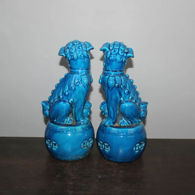 Chinese Old Pair Marked Blue Glaze Porcelain Foo Dogs Statues 3