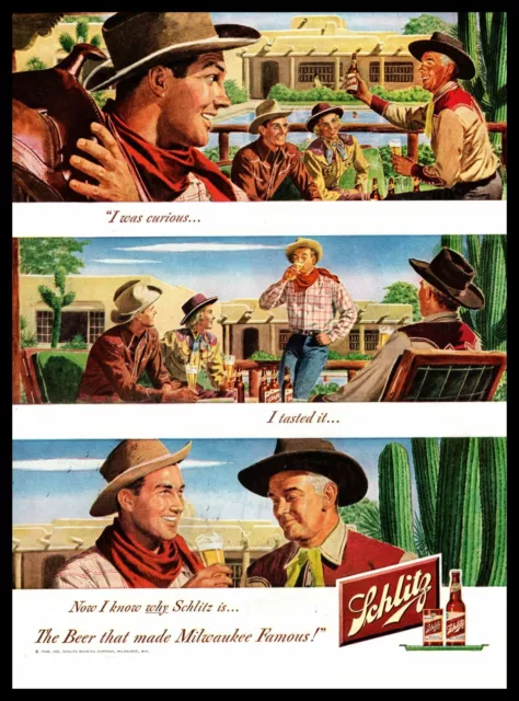 1948 Schlitz Cowboy Cowgirl Having Beers Adobe Style House Pool Vintage Print Ad
