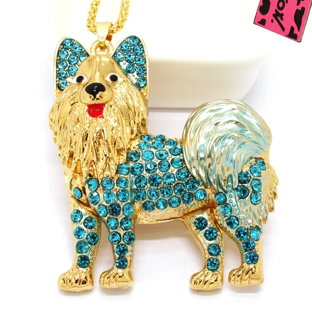 Betsey Johnson Rhinestone Cute Blue Dog Crystal Pendant Chain Necklace