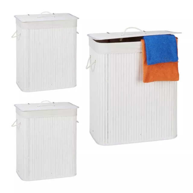 Corbeille à linge bambou lot 3 panier 2 compartiments coffre pliable couvercle