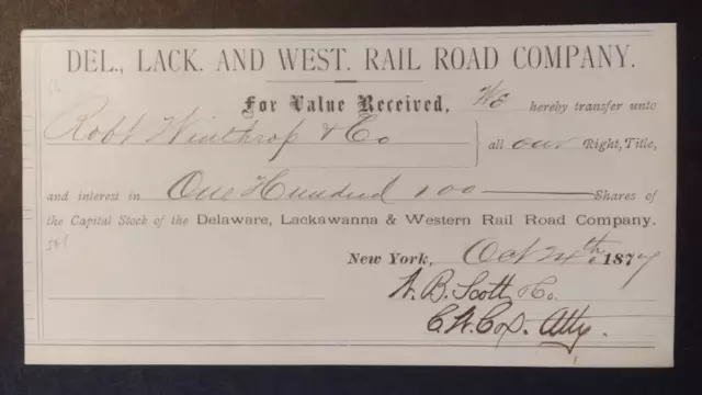 1877 Delaware Lackawanna Western Railroad Capitol Stock Transfer Certificate