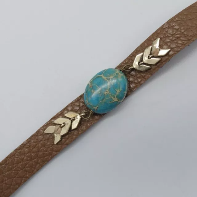 Turquoise Blue Jasper Stone Bracelet 6"or7" Brown Faux Leather Boho Bracelet