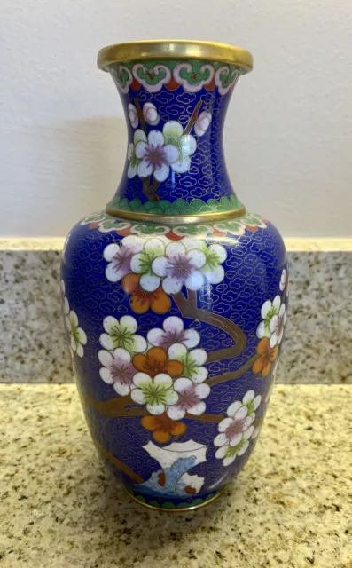 Vintage Blue Chinese Cloisonné Vase Flowers Bird Pattern 8” Tall