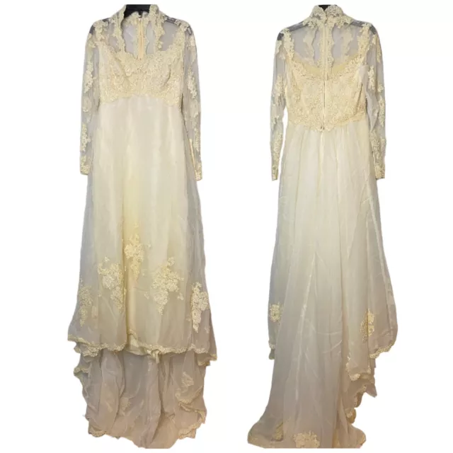 Priscilla Boutique Vintage 60s Wedding Dress Silk Blend Lace Victorian Prairie S