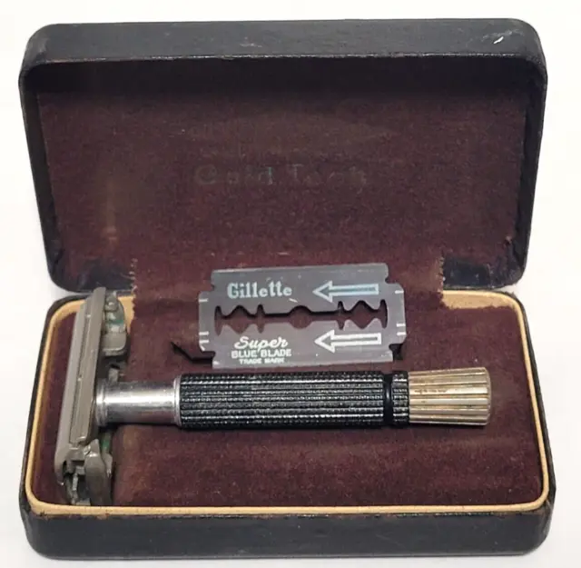 Vintage, Gillette Gold Tech Razor with original case & 1 Super Blue Blade