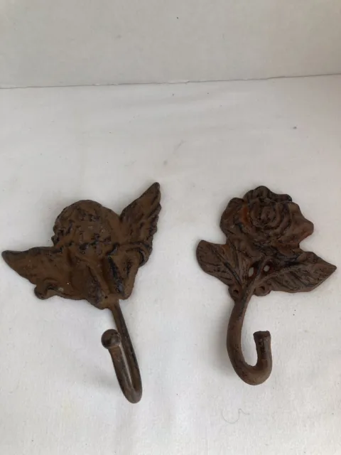 2 Cast Iron Rustic Hooks Angel & Flower Towel Hanger Pot Holder Coats