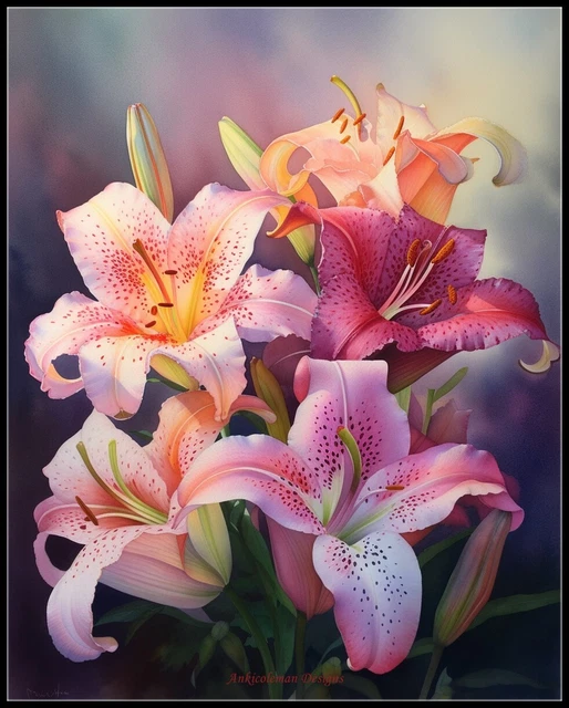 Oriental Lilies 3 - Chart Counted Cross Stitch Patterns Needlework DMC Color