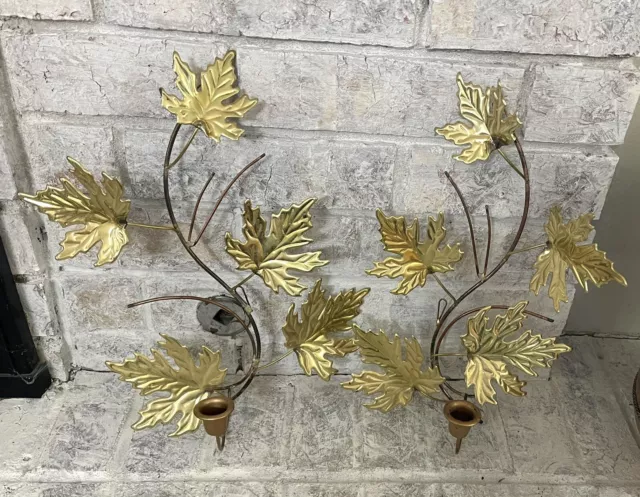 Home Interiors Homco Brass Gold Tone Candle Holder Sconce Metal Leaf Wall Decor 2