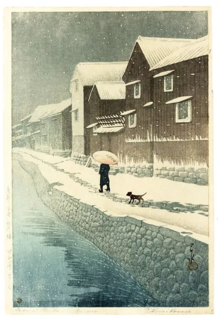 Kawase Hasui Japanese Woodblock Print “Snow at Shinkawabata, Handa, Bishu”