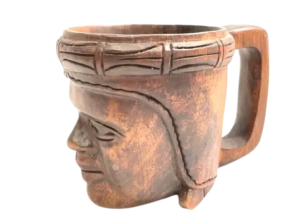 Hand Carved Wood Hawaiian Polynesian Face Mug Brown Handle 4 Inches
