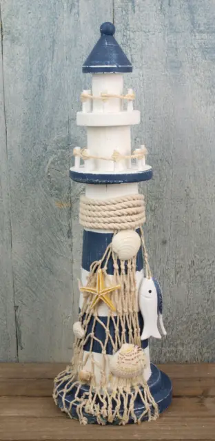 Deko Holz Leuchtturm 31,5cm Blau Weiß Seestern 2 Fische maritime Deko (CP)