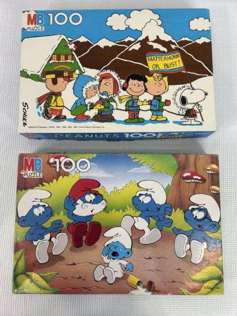 2 Vintage Peanuts & Smurfs 100 Piece Puzzles COMPLETE!  1980s Milton Bradley