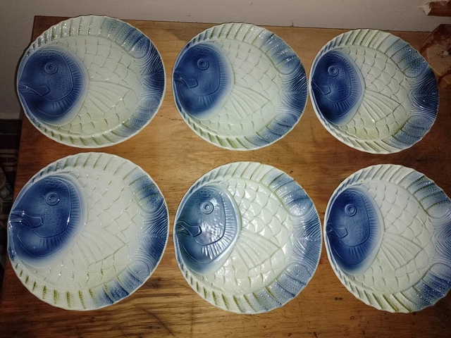 Vintage Sarreguemines Atelier Revernay Set of 6 Fish Plates French  Majolica