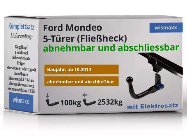 AutoHak Anhängerkupplung abnehmbar für Ford Mondeo Fließheck V 14-22 13pol CE