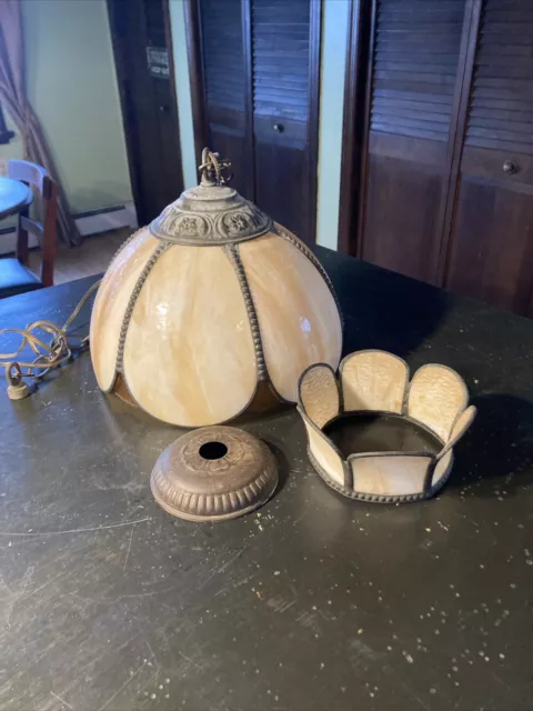 Retro Slag Glass Hanging Tulip Chandelier  1970s Cream & Brown 6 Panel Crown