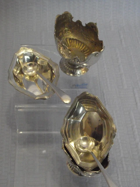 2 Salerons En Cristal Taillé, Monture Argent Minerve Vermeil + Cuillères