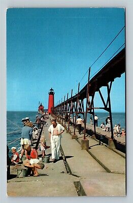 Grand Haven MI, Fishing Pier, Ottawa Beach, Lighthouse, Chrome Michigan Postcard