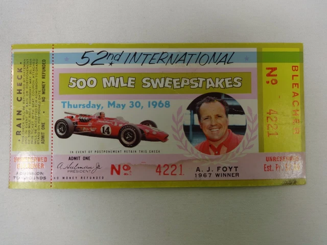 1968 52nd International 500 Mile Sweepstakes Race Ticket Stub Indy 500