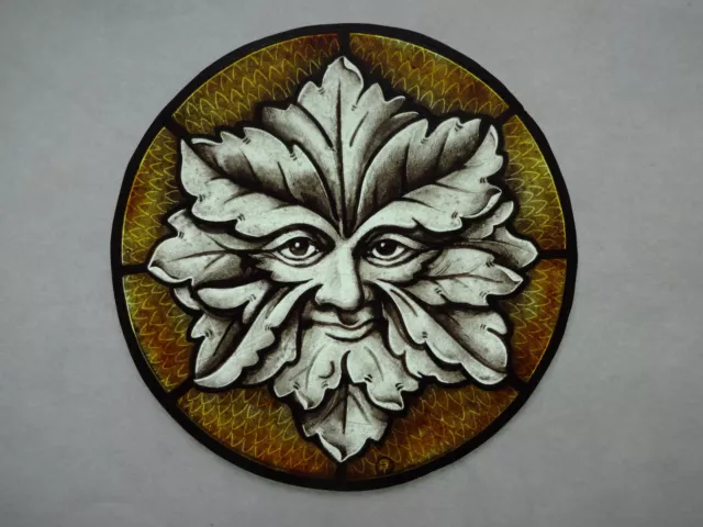 Stained glass GREEN MAN Hand painted Kiln fired Diameter- 170mm Antique style