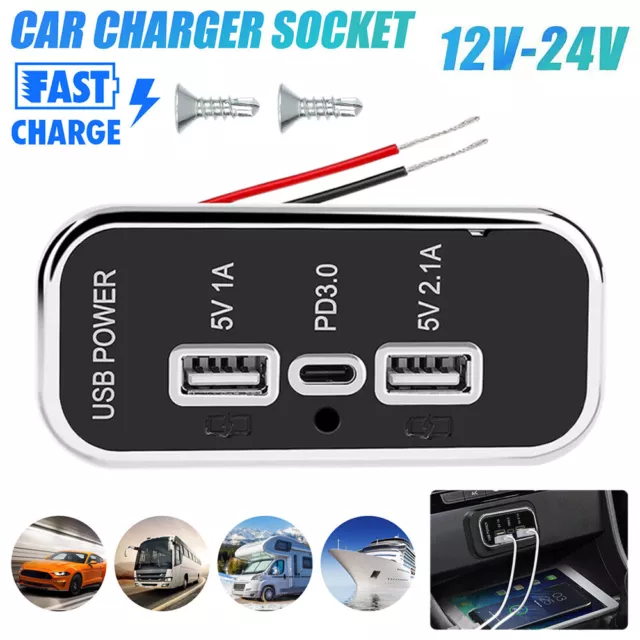 12V Auto Dual USB Typ-C Ladegerät Buchse Licht Einbau Steckdose für Wohnwage KFZ