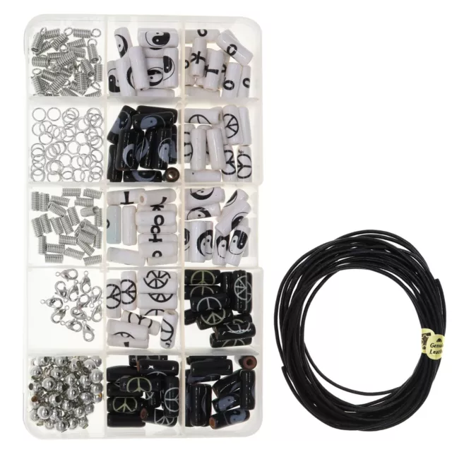 100 PCS Porcelain Ceramic Beads in Black/White for Adults, 5 meters leather cord