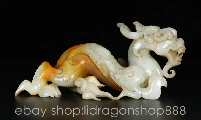 8.6" Chinese Natural Hetian Nephrite Jade Carving Dragon Beast Statue Sculpture