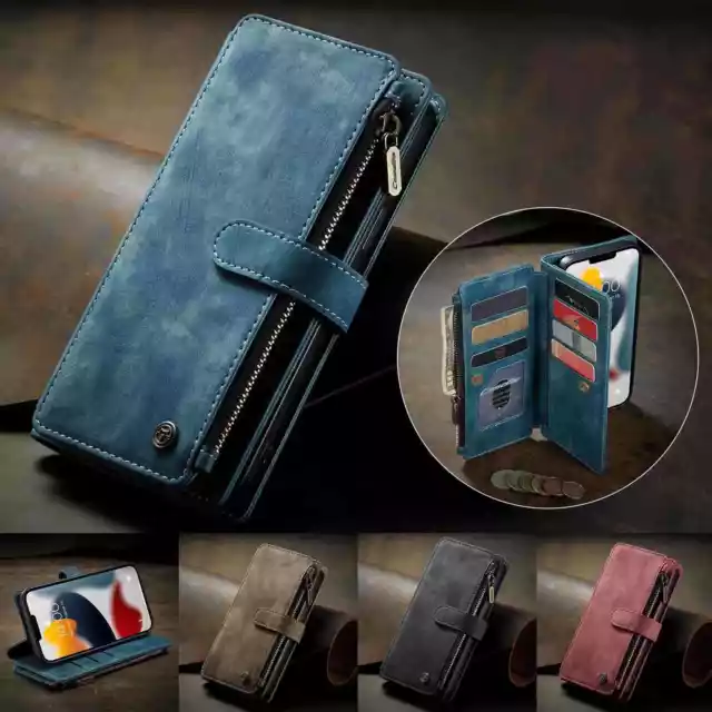 For iPhone 13 12 14 Pro Max Case Genuine CaseMe Leather Wallet Zipper Flip Cover