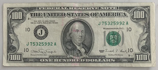 $100 ONE HUNDRED DOLLAR BILL - Old / Vintage 1990 - J District - Only 77 million