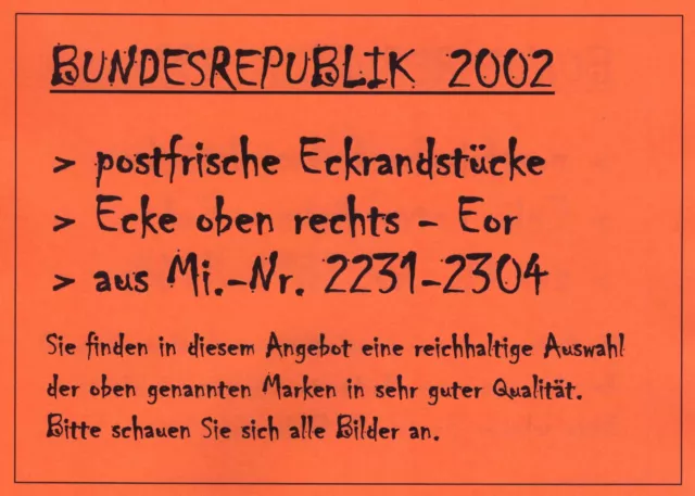 Auswahl BUND 2002 aus Mi.-Nr. 2231-2304 ** Eckrand Ecke oben rechts - Eor