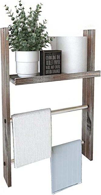J JACKCUBE DESIGN Rustic Wood Wall Mount Towel Rack with Shelf, Blanket Ladder f