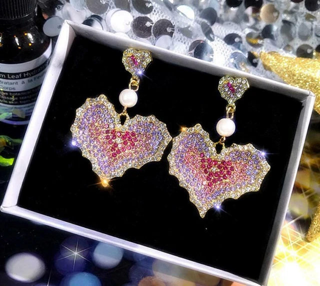 Betsey Johnson Crystal Pearl Heart Drop Earrings