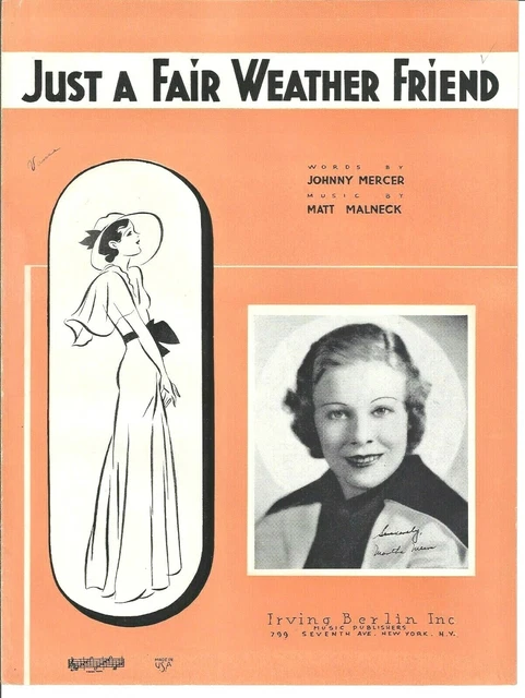 MARTHA MEARS Jazz Sheet Music JUST A FAIR WEATHER FRIEND 1934 Johnny Mercer
