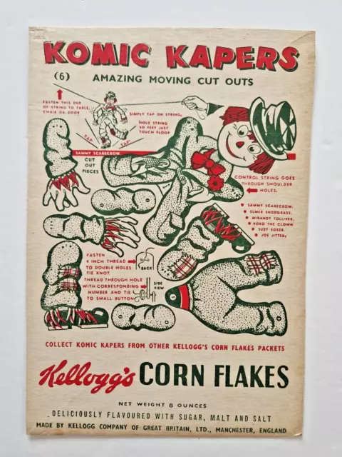 Early 1950s Kelloggs Cereal Cornflakes Komic Kapers Sammy Scarecrow Packet back