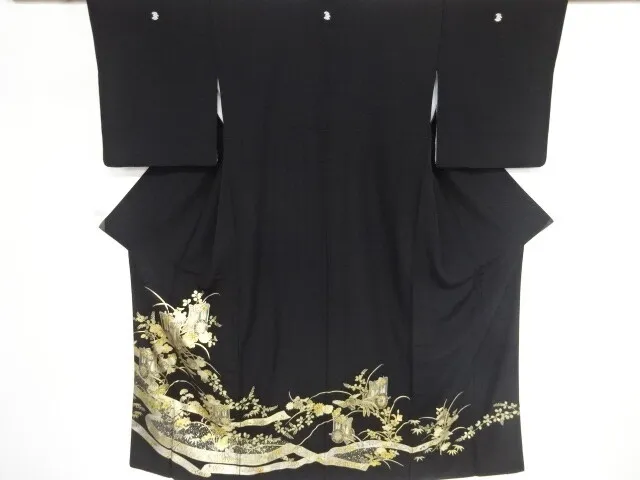82432# Japanese Kimono / Antique Tomesode / Kinsai / Carriage & Kiku