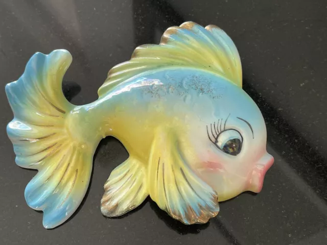 Vintage Lefton Norcrest Anthropomorphic Fish Wall Plaque Yellow Aqua Japan Gold