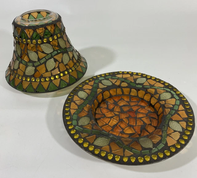 Yankee Candle Jar Shade & Plate Autumn Fall Amber Green Leaf Retired Mosaic