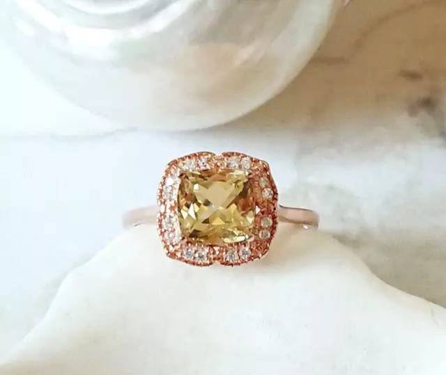 Bague pierre carré Beryl facetté jaune paille  sur vermeil rose 925 Taille 54