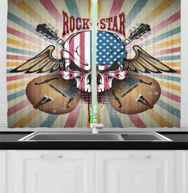 Rock Guitar Kitchen Curtains 2 Panel Set Window Drapes 55" X 39" by Ambesonne